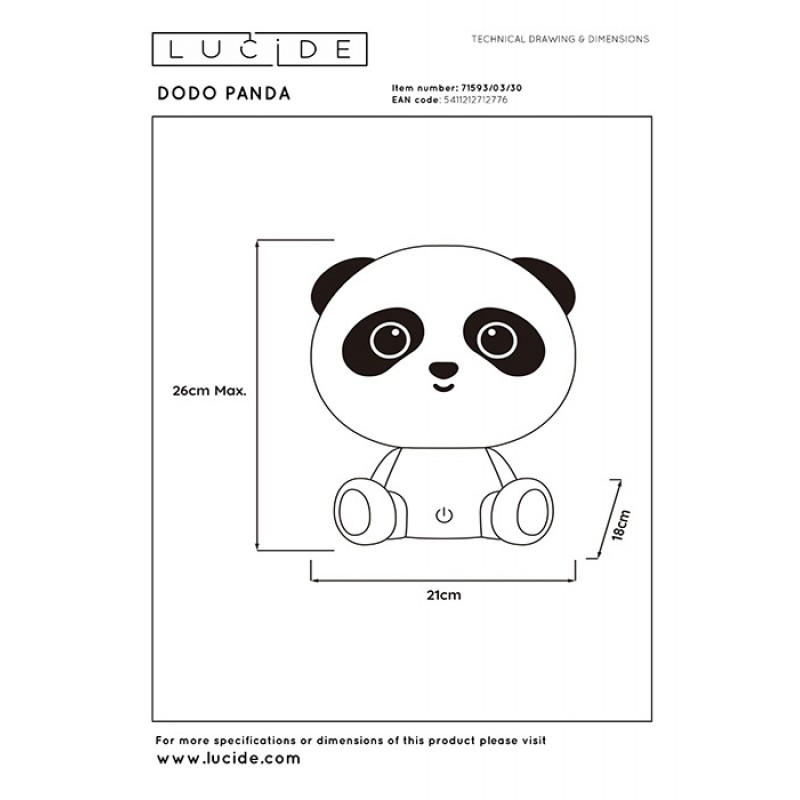 Настольная лампа Lucide 71593/03/30 Dodo panda, 3 Вт, 120 лм, 4000K