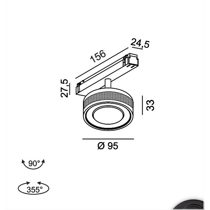 Прожекторный светильник LTX IN_LINE SOL TW, D95mm, H33mm, LED 13W, TW DIM: 2700K(881Lm)-6500K(1025Lm), 48V DC, IP20, diamond black/черный (06.9533.13K).