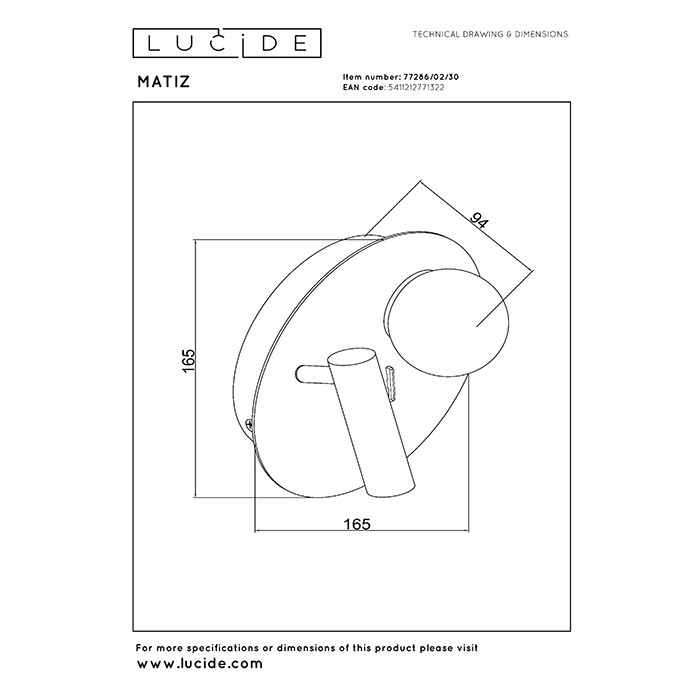 Бра Lucide 77286/02/30 Matiz, 3.7 Вт, 200 лм, 3000K