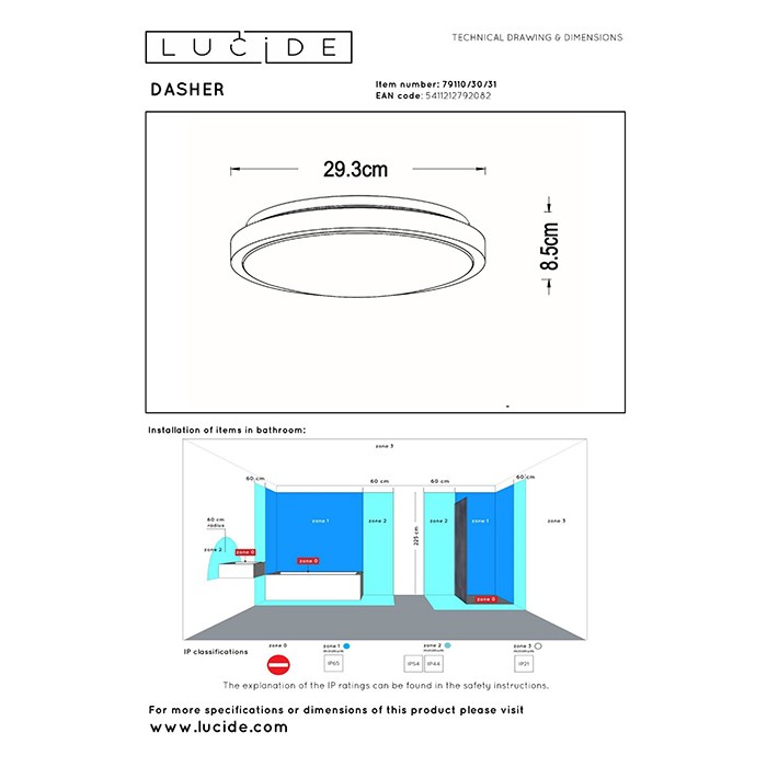 Потолочный светильник Lucide 79110/30/31 Dasher, 12 Вт, 700 лм, 2700K