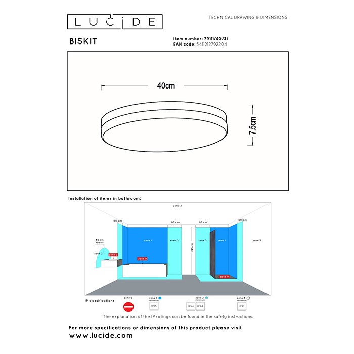 Стельовий світильник Lucide 79111/40/31 Biskit, 36 Вт, 2050 лм, 2700K