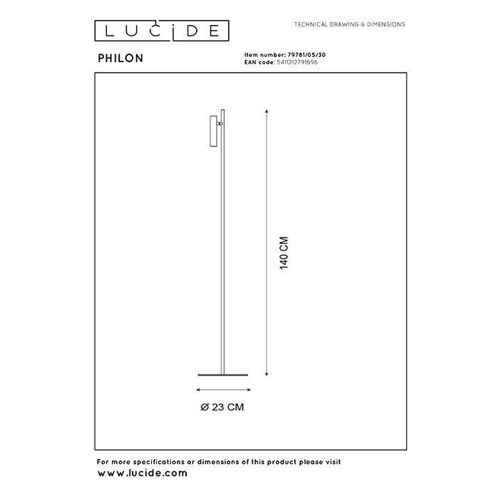 Торшер Lucide 79781/05/30 Philon, 4.5 Вт, 380 лм, 3000K