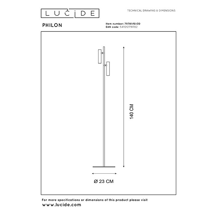Торшер Lucide 79781/10/30 Philon, 4.5 Вт, 760 лм, 3000K