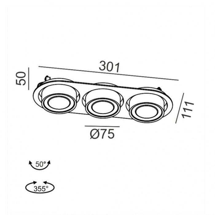 Светильник встраиваемый потолочный LTX SOL IN MINI X3, L301mm, W111mm, H50mm, LED 3x7W, 4000K, черный/латунь (01.7523.21.940.BK/BR)