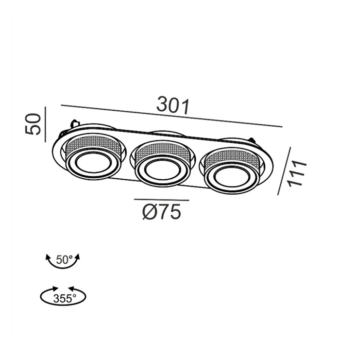 Светильник встраиваемый потолочный LTX SOL IN MINI X3, L301mm, W111mm, H50mm, LED 3x7W, 4000K, черный/черный (01.7523.21.940.BK/BKG)