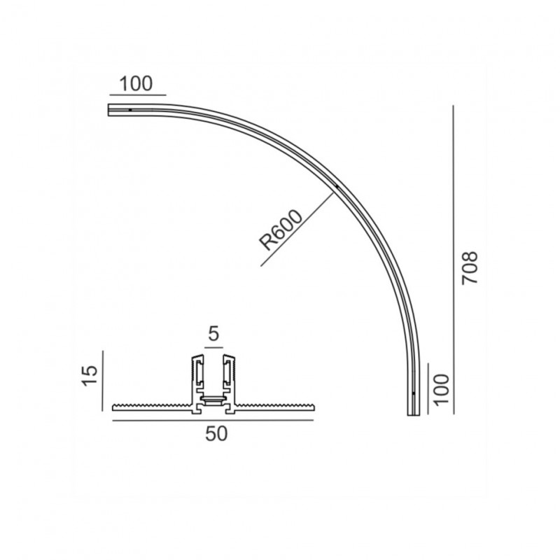 Вбудований радіальний кут PICO_LINE ARC R, R600mm, 708x708mm, H15mm, чорний (16.RC60.BK)