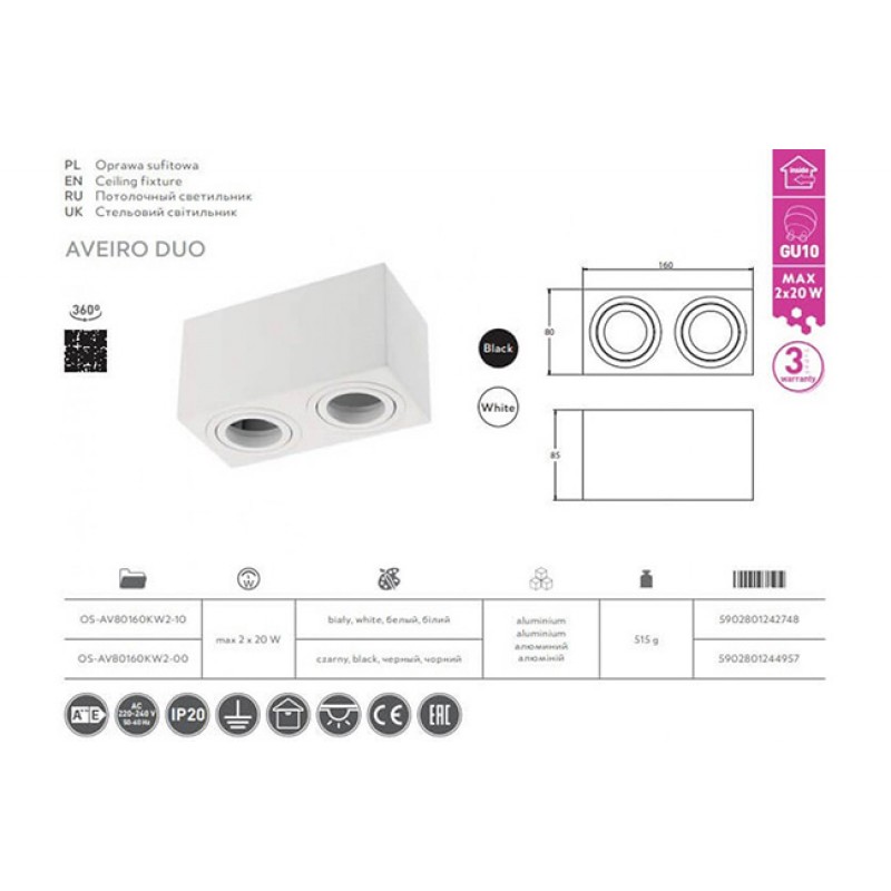 Точечный светильник накладной GTV OS-AV80160KW2-10 AVEIRO DUO, 2xGU10 MR16, IP20, алюминий, белый
