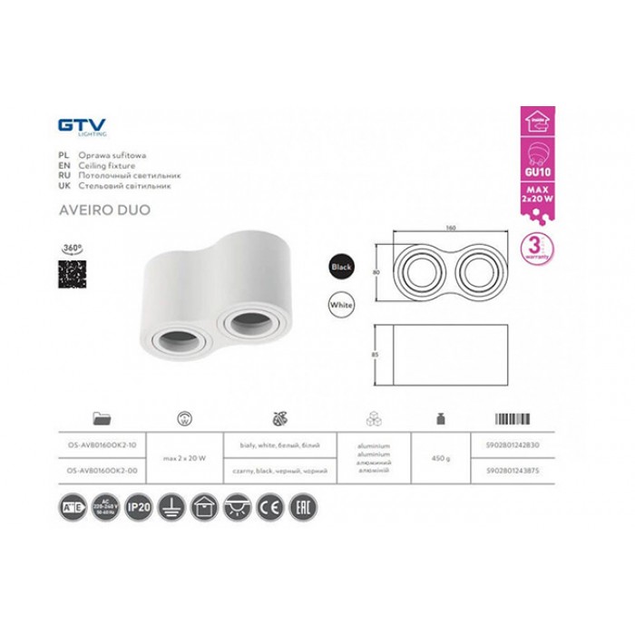 Точковий світильник накладний GTV OS-AV80160OK2-00 AVEIRO DUO, 2xGU10 MR16, IP20, алюміній, чорний Точковий світильник накладний GTV OS-AV80160OK2-00 AVEIRO DUO, 2xGU10 MR16, IP20, алюміній, чорний