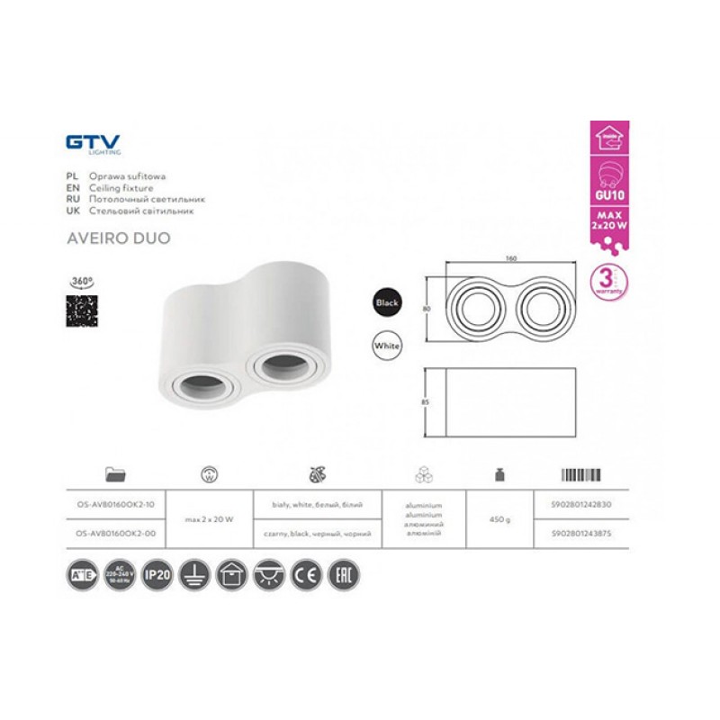 Точечный светильник накладной GTV OS-AV80160OK2-00 AVEIRO DUO, 2xGU10 MR16, IP20, алюминий, черный