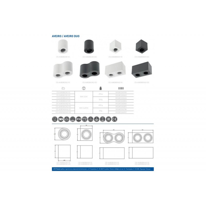 Точечный светильник накладной GTV OS-AV80160OK2-10 AVEIRO DUO, 2xGU10 MR16, IP20, алюминий, белый