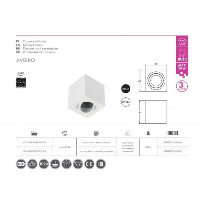 Точковий світильник накладний GTV OS-AV8085KW1-00 AVEIRO, 1xGU10 MR16, IP20, алюміній, чорний