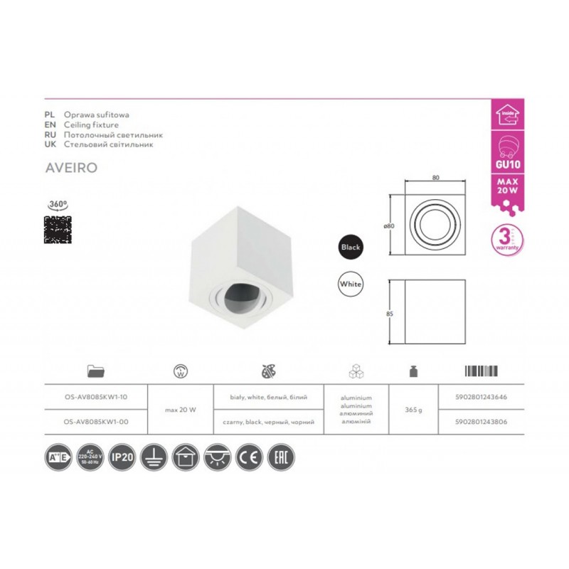 Точечный светильник накладной GTV OS-AV8085KW1-00 AVEIRO, 1xGU10 MR16, IP20, алюминий, черный