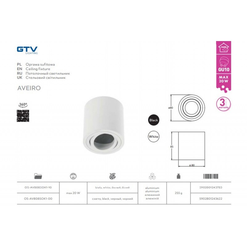 Точковий світильник накладний GTV OS-AV8085OK1-10 AVEIRO, 1xGU10 MR16, IP20, алюміній, білий