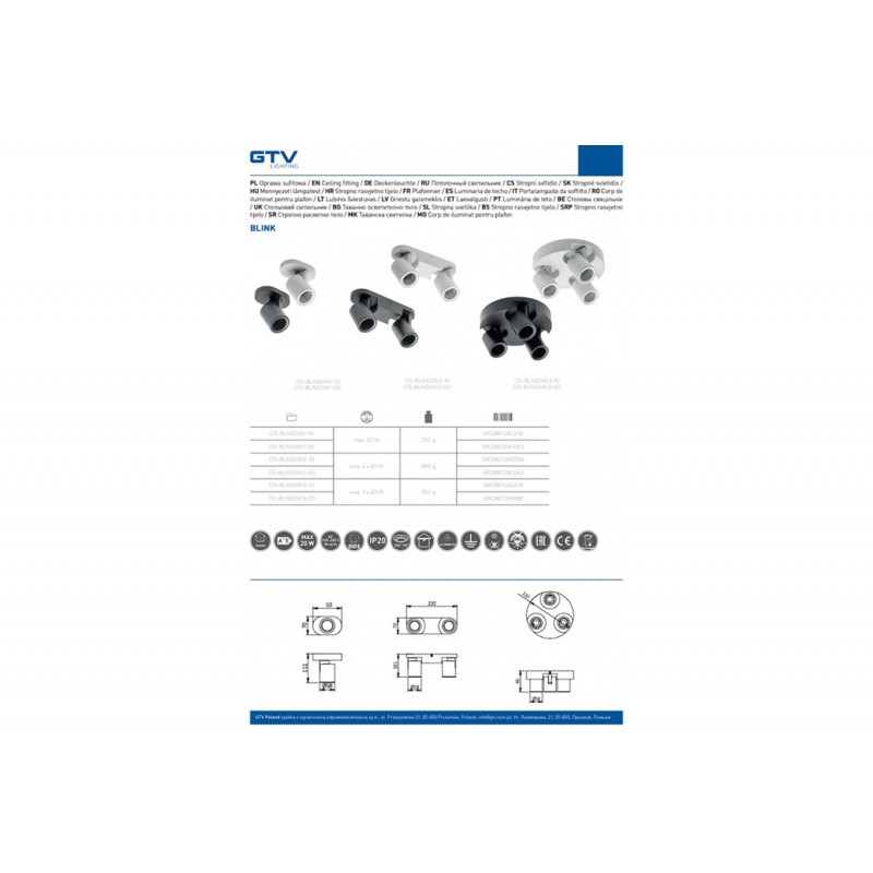 Накладной потолочно-настенный накладной GTV OS-BLN50W1-00 BLINK, 1xGU10 MR16, макс.20Вт, 220-240В/50-60Гц IP20, поворот 300°, наклон 90°, черный алюминий