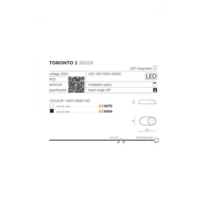 Точковий світильник Azzardo AZ4064 Toronto LED 1x10W 3000K 700Lm IP20 чорний Точковий світильник Azzardo AZ4064 Toronto LED 1x10W 3000K 700Lm IP20 чорний