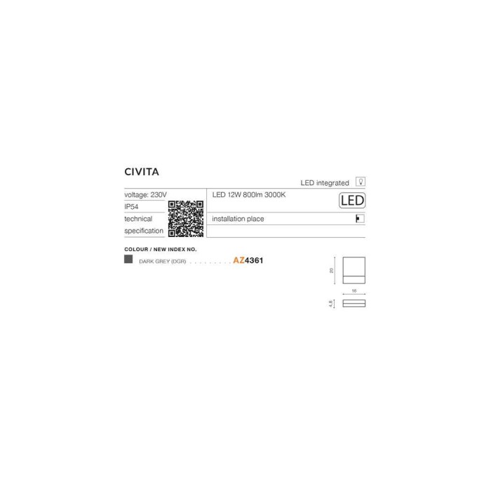 Вуличний світильник Azzardo AZ4361 Civita LED 1x12W 3000K 800Lm IP54 темно-сірий Вуличний світильник Azzardo AZ4361 Civita LED 1x12W 3000K 800Lm IP54 темно-сірий