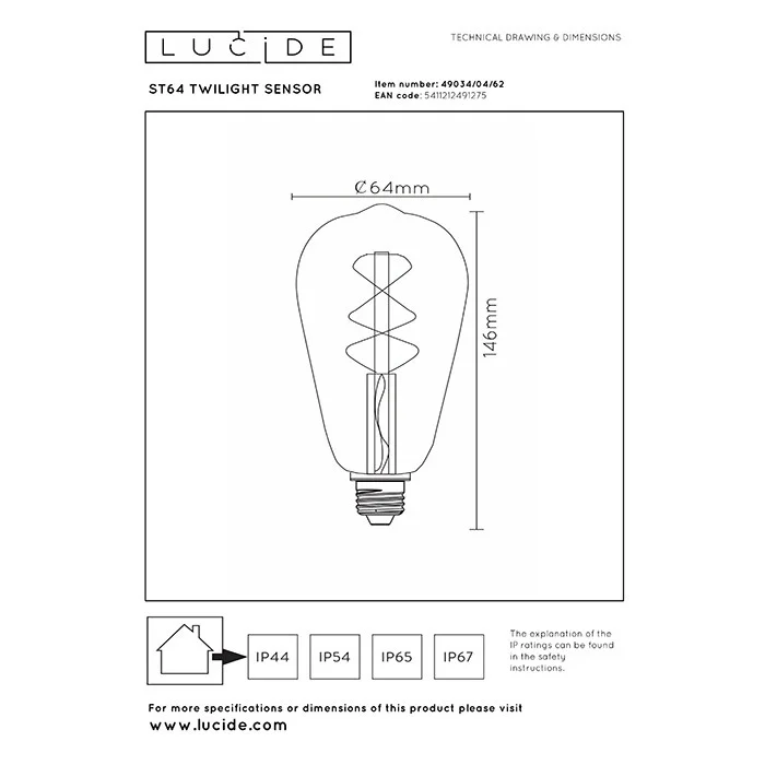 Светодиодная лампа Lucide 49034/04/62 Led bulb, ST64 4W 2200K E27, 360°