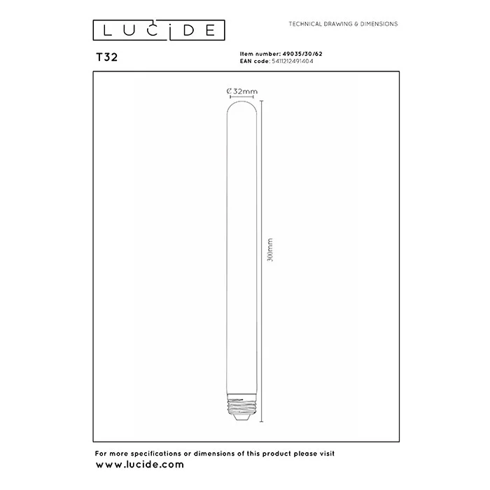 Светодиодная лампа Lucide 49035/30/62 Led bulb, T32 5W 2200K E27 Dimmable, 360°